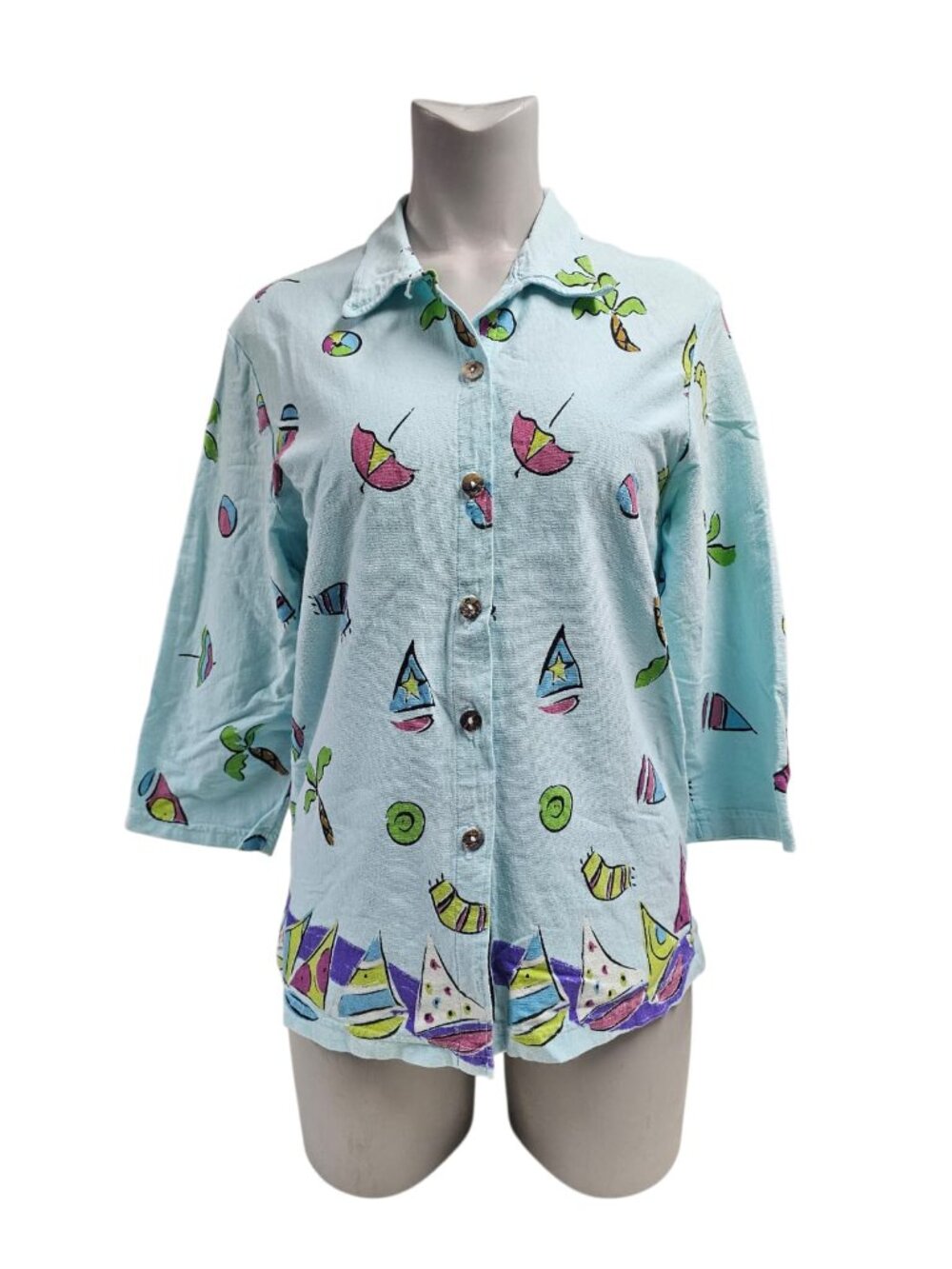 80s Sally Huss' Happy Wear by Cotton Connection tropical printed knit long sleev